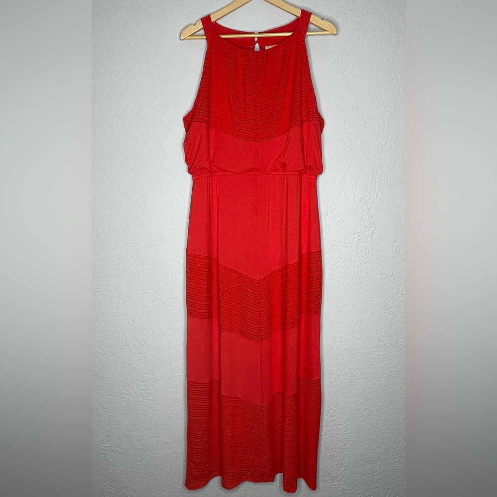 Chico's Red Orange Eyelet Stretch Maxi Dress Large Sleeveless Halter Neck Lined